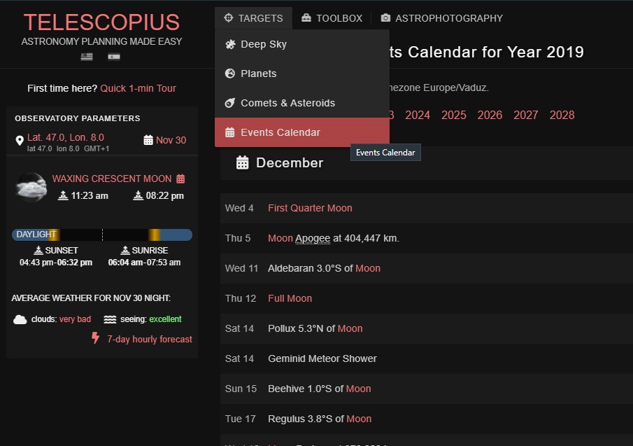 Telescopius.com - Events Calendar